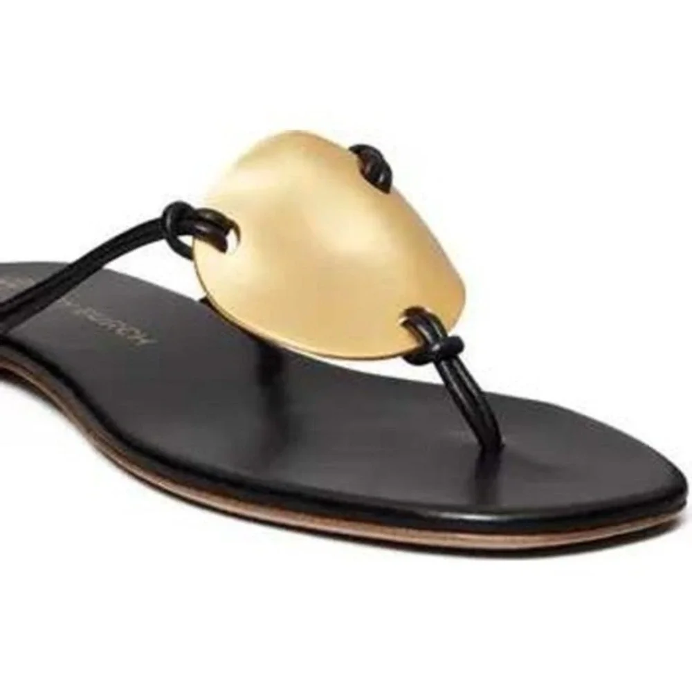 NEW TORY BURCH Patos Leather Disc Flat Thong Sandals In Black - Women's‎ Size 6
